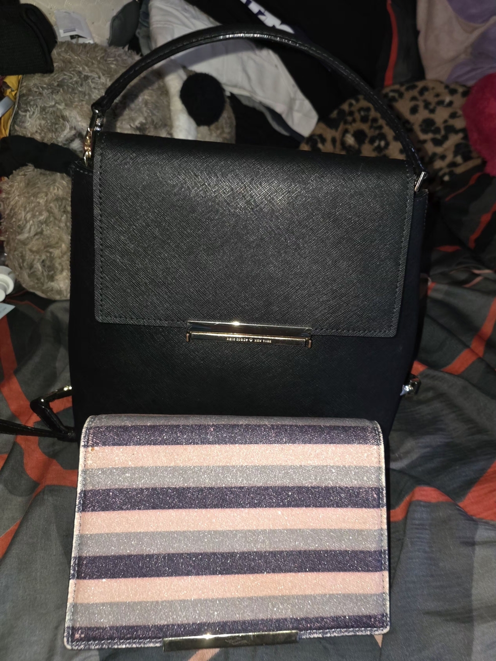 kate spade Black Top-Handle Satchel with Pink & Navy Striped Wallet